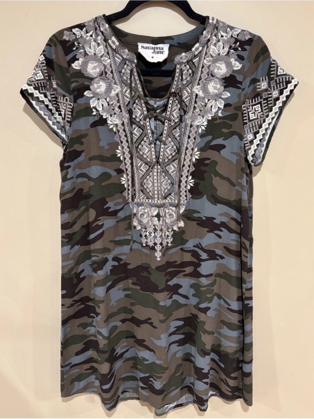 Savanna Jane Olive Green and Gray Camouflage Embroidered Lace-Up Mini Dress
